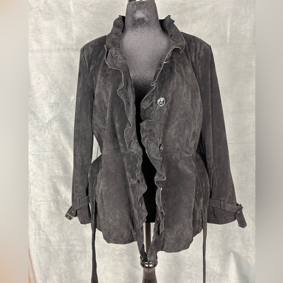 Pamela McCoy Couture Suede Leather Jacket Coat Size L Ruffle Belted Boho Witchy - Picture 3 of 16